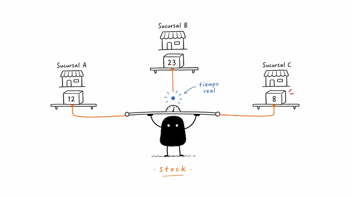 Ilustración de stock conectado en tiempo real entre varias sucursales.