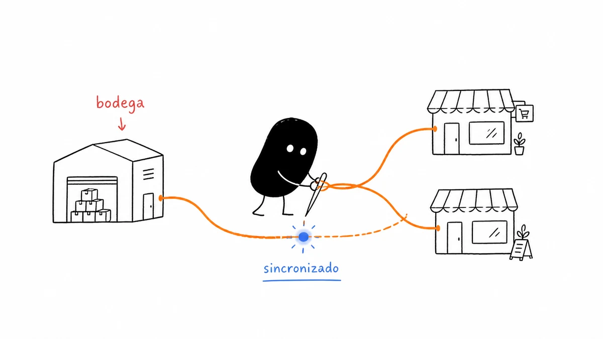 Ilustración de bodega y sucursales sincronizadas por una misma operación.