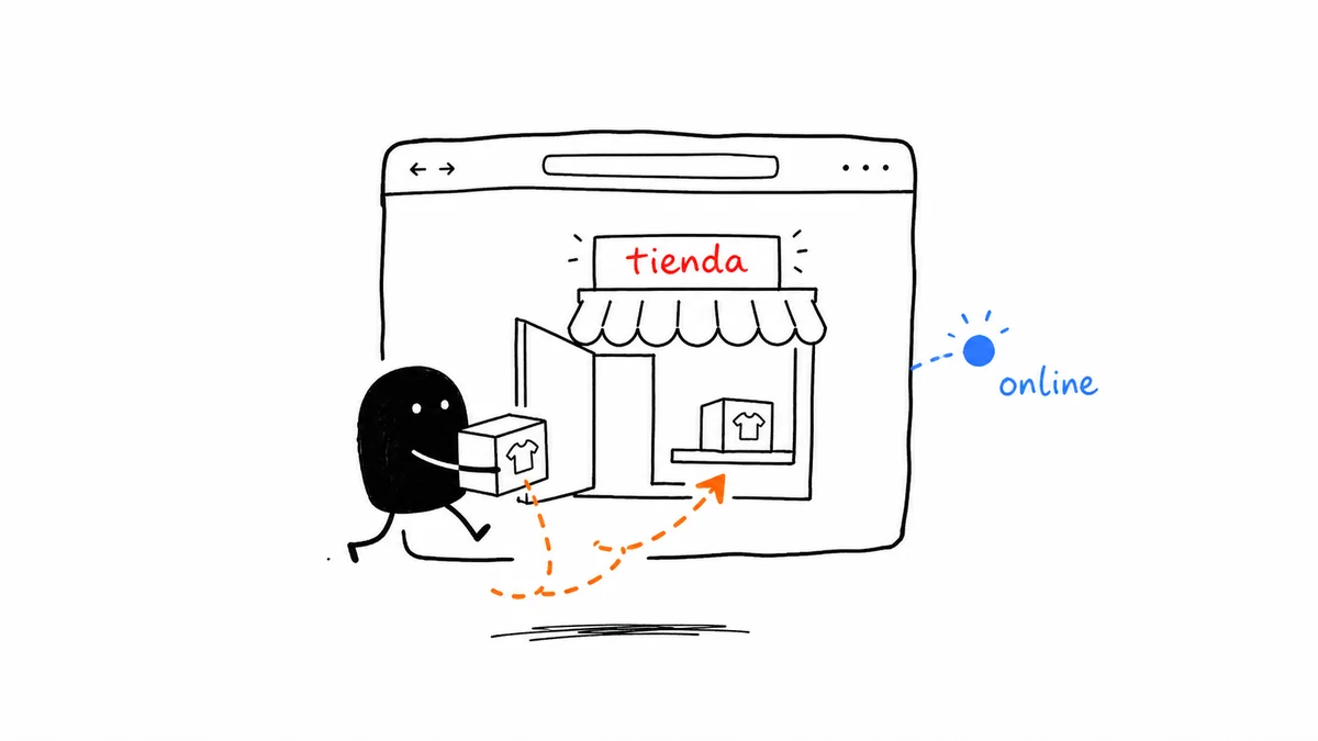 Ilustración de producto entrando a una tienda en línea propia.