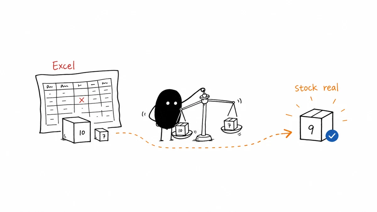 Ilustración de inventario en Excel que se corrige hacia stock real en tiempo real.