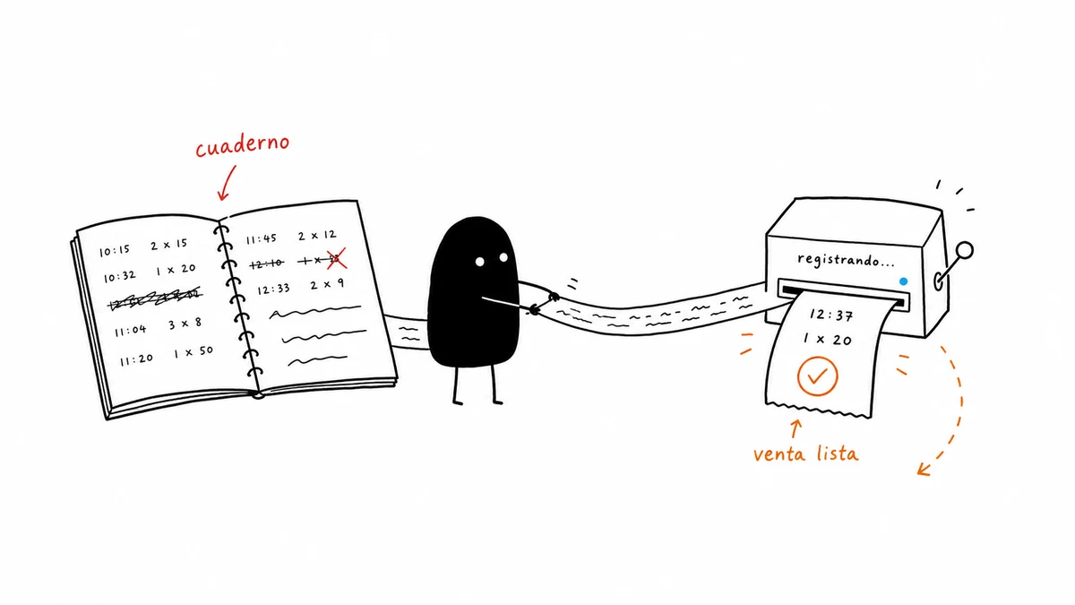 Ilustración de ventas anotadas en cuaderno que pasan a registrarse al instante.