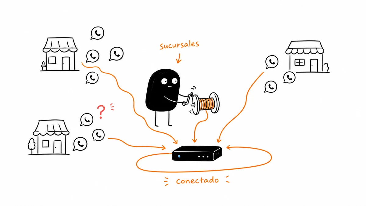 Ilustración de chats de WhatsApp entre sucursales conectándose a una sola plataforma.